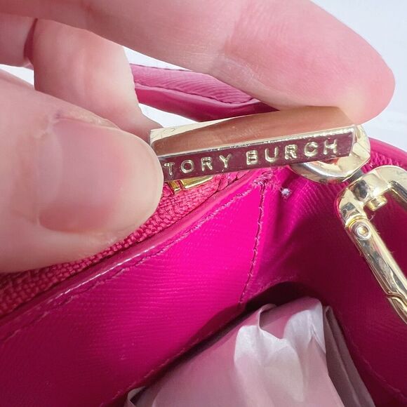 Tory Burch Robinson Fuchsia Double Zip Perforated Handbag Pink Leather Purse - Picture 10 of 14